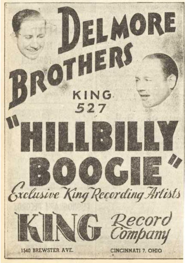 Advertisement for the Delmore Brothers' single "Hillbilly Boogie," featuring their names and the King Record Company logo, highlighting their recording artist status.