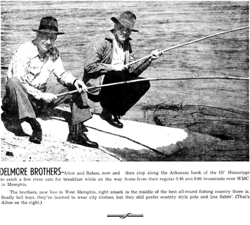 Two men, the Delmore Brothers, fish along the bank of the Mississippi River, showcasing a leisurely moment between broadcasts.