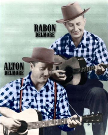 Rabon and Alton Delmore, country musicians, play guitars in matching checked shirts and hats, highlighting their musical partnership and style.