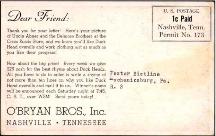 Postcard featuring a letter from O'Bryan Bros., promoting a rhyming contest about Duck Head clothing, with mailing details and a prize announcement.