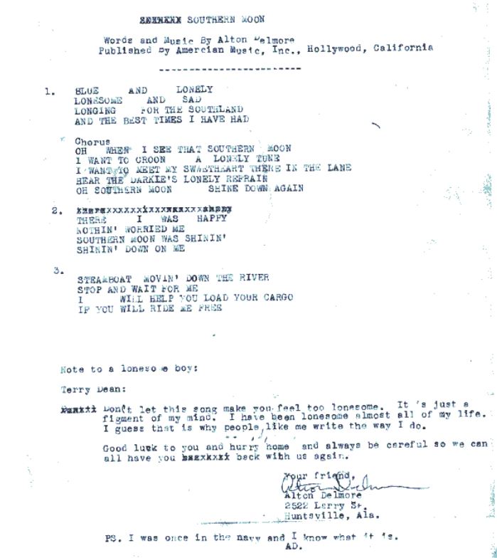 Lyrics for "Southern Moon" by Alton Delmore. The typed sheet features melancholy themes of longing and a note of encouragement for a friend.